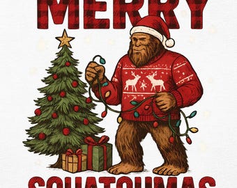 Feliz Squatchmas PNG / Sublimación navideña de Pie Grande / Clipart navideño divertido de Sasquatch / Descarga digital navideña de suéter feo