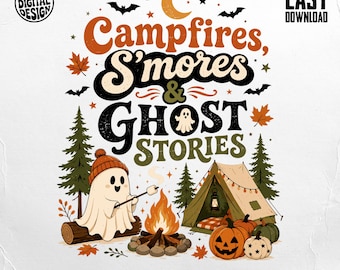 Campfires S'mores Ghost Stories PNG | Halloween Camping Sublimation | Retro Fall Autumn Spooky Season Digital Download | Cute Ghost Pumpkin