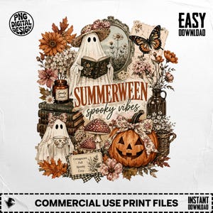 Ambiance effrayante pour l'automne : illustration florale vintage, citrouille fantôme et feuilles d'automne, idéale pour la sublimation sur t-shirts et mugs (téléchargement numérique PNG).
