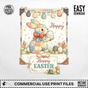 Op de afbeelding: Een digitaal ontwerp met een patchwork konijn dat een paasei vasthoudt, met het woord "Happy" erboven. Het ontwerp bevat decoratieve paaseieren, bloemen en de tekst "Happy Easter". Het ontwerp is omlijst met decoratieve elementen.