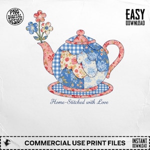 May include: A whimsical illustration of a teapot with a floral design. The teapot is adorned with blue and white gingham and floral patterns, with a pink handle and spout. The text "Home-Stitched with Love" is below the teapot.