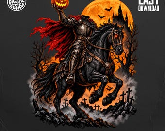 Headless Knight PNG Halloween Sublimation Design, Gothic Pumpkin Knight Clip Art, Dark Fantasy Horse DTF Graphic Digital Download Horseman