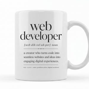 Mug with "web developer" definition and related terms.