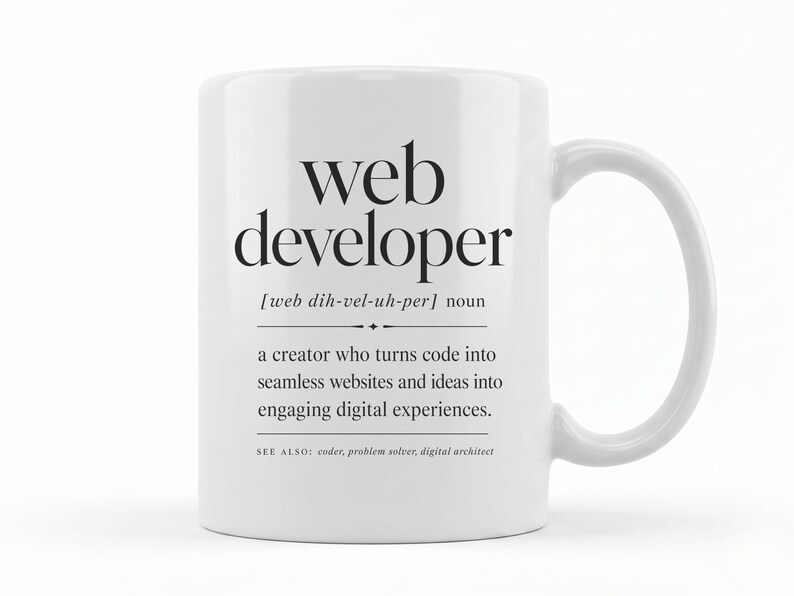 Mug with "web developer" definition and related terms.