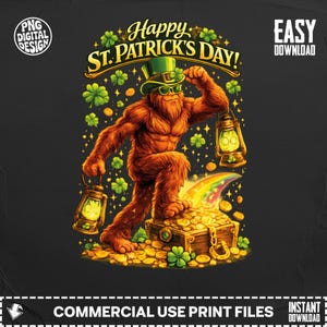 Könnte beinhalten: Digitales Design für St. Patrick's Day mit einem Bigfoot-Charakter, der einen grünen Hut und eine Sonnenbrille trägt und Laternen hält. Das Bild enthält einen Regenbogen, eine Schatztruhe und den Text "Happy St. Patrick's Day!" umgeben von Kleeblättern und Goldmünzen.