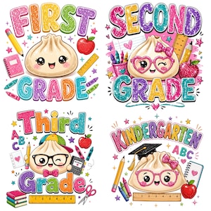 Dumpling Back to School PNG Bundle, Kindergarten First Second Third Grade, Kawaii Glitter School Sublimation Design