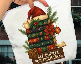 Allemaal geboekt voor kerst, png PNGEgg | Boekenliefhebber kerstsublimatie | Vakantie lezen, png PNGEgg | Gezellig boekenachtig kerstontwerp