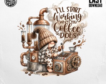 Coffee Gnome Digital PNG, Funny Coffee Lover Art, Steampunk Coffee Machine, Transparent Background, Commercial Use, Instant Download