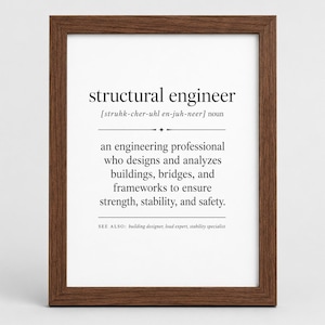 Puede incluir: Una lámina de arte mural enmarcada que presenta la definición tipo diccionario del sustantivo ingeniero estructural. El texto incluye la pronunciación fonética, una descripción detallada de la profesión y una sección ver también en un marco de madera oscura.