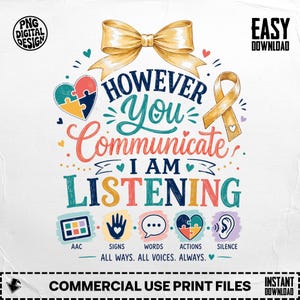 Könnte beinhalten: Ein digitales Grafikdesign mit einer goldenen Schleife, einem Puzzle-Herz und einem goldenen Band. Der Text lautet: HOWEVER YOU Communicate I AM LISTENING. Darunter Symbole für AAC, Zeichen, Wörter, Aktionen und Stille, mit: ALL WAYS. ALL VOICES. ALWAYS.