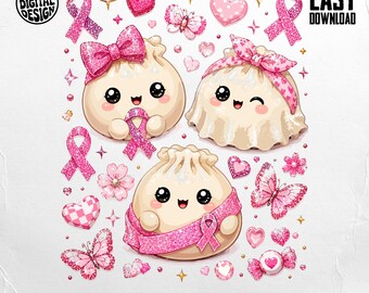 Kawaii Pink Ribbon Dumpling PNG Digital Download File for Breast Cancer Awareness and Support | Cute Sparkly Foodie Graphic Art