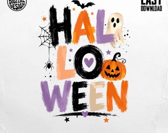 Spooky Cute Halloween Brushstroke PNG | Distressed Halloween Ghost Pumpkin Bat Spider Digital Download | Fun Spooky Season Craft Art for