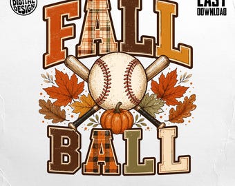 Fall Ball Baseball PNG Digital Download | Autumn Sports Clipart Sublimation Design | Distressed Plaid Letters Pumpkin Leaves Graphic Instant