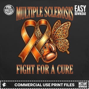 Può includere: Un design digitale con un nastro arancione, un guantone da boxe e una farfalla con un'ala con stampa leopardata. Il testo recita "Multiple Sclerosis" e "Fight for a Cure". Il design è su sfondo nero.