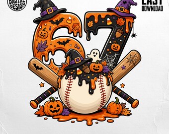 Halloween Baseball 67 Number PNG Digital Download, Spooky Baseball 67th Birthday Sports Team Clipart, Fall Witch Hat Baseball Fan