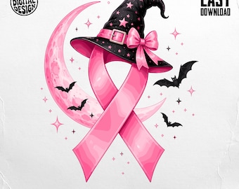 Pink Breast Cancer Awareness Witch Hat PNG Digital Download | Halloween Ribbon Sublimation Design with Bats & Moon | Spooky October Cute