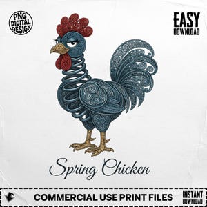 Pode incluir: Ilustração detalhada de um galo com pescoço em forma de mola e padrões intrincados. O galo é principalmente azul com detalhes vermelhos na crista e barbela. O texto "Spring Chicken" está abaixo, com os logotipos "PNG DIGITAL DESIGN" e "EASY DOWNLOAD".
