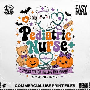 Può includere: Un design grafico digitale con un fantasma infermiere con stetoscopio, un orsacchiotto e due zucche di Halloween. Il testo recita Pediatric Nurse e Spooky Season, Healing Tiny Humans. Include pipistrelli, stelle, un cerotto e caramelle.