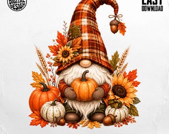 Fall Gnome PNG Digital Download, Autumn Gnome Pumpkin Sunflower Sublimation Design, Thanksgiving Decor Printable Art