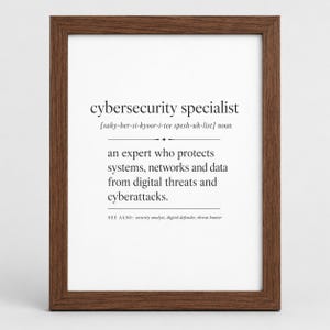 Cybersecurity specialist cadeau muurkunst, definitie print voor IT-professionals, security analist kantoordecor, Digital Defender aanwezig