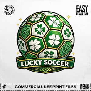 May include: A digital illustration of a soccer ball with a green and white clover design. The ball has gold accents and is set against a white background. The text "LUCKY SOCCER" is on a green banner.