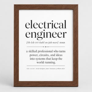 Może przedstawiać: Oprawiony wydruk ścienny z definicją inżyniera elektryka w stylu słownikowym. Tekst brzmi: electrical engineer [ih-lek-tri-kuhl en-juh-neer] noun, a skilled professional who turns power, circuits, and ideas into systems that keep the world running. SEE ALSO: circuit designer, power innovator, problem solver. Wydruk znajduje się w ciemnobrązowej drewnianej ramie.