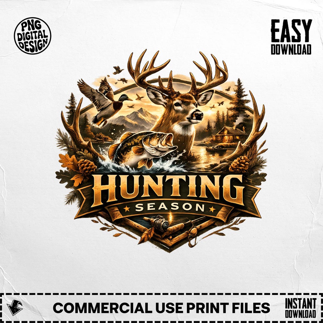 Hunting Season Digital PNG, Deer Bass Duck Hunter Fisherman Graphic Art ...