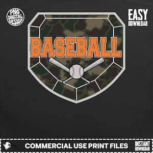 May include: A digital design featuring a baseball home plate shape with a camouflage pattern. The word "BASEBALL" is in orange block letters. A baseball and crossed bats are in the center. The design includes the text "PNG DIGITAL DESIGN", "EASY DOWNLOAD", and "COMMERCIAL USE PRINT FILES".