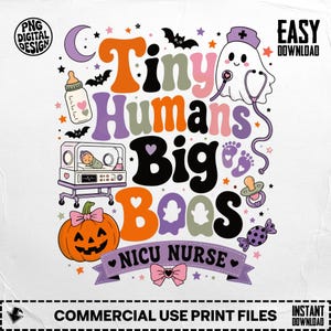 PNG per infermiera NICU di Halloween / Design digitale a sublimazione per piccoli umani spettrali e carini / Arte per abbigliamento da infermiera retrò e groovy