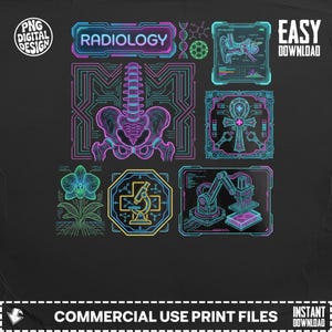 Op de afbeelding: Een digitaal ontwerp met neon illustraties van medische en wetenschappelijke elementen. Het ontwerp bevat het woord "RADIOLOGY", een menselijke wervelkolom, bekken, een orchidee, een microscoop en een robotarm. Het ontwerp staat op een zwarte achtergrond met de tekst "COMMERCIAL USE PRINT FILES" en "EASY DOWNLOAD".