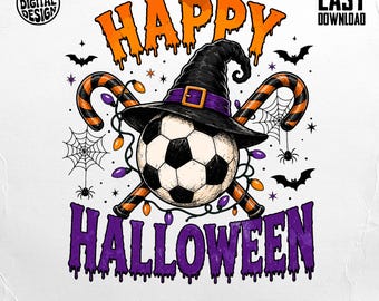 Halloween Soccer PNG Design, Witch Hat Soccer Ball Spooky Sports Sublimation, Trick Or Treat Candy Cane Bats Digital Download