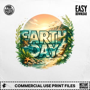 May include: A digital design for Earth Day, featuring the words "Earth Day" in a turquoise font, set against a coastal scene with a sunset, ocean, and mountains. The design is framed by green foliage and white flowers.