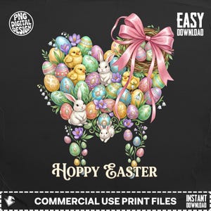 Puede incluir: Un diseño digital con temática de Pascua. Presenta una forma de corazón hecha de huevos decorados, pollitos y conejos. Un nido con huevos y un lazo rosa está en la parte superior. Las palabras "Hoppy Easter" están en la parte inferior.
