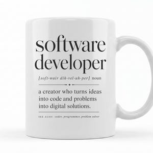Mug with "software developer" definition and related terms.