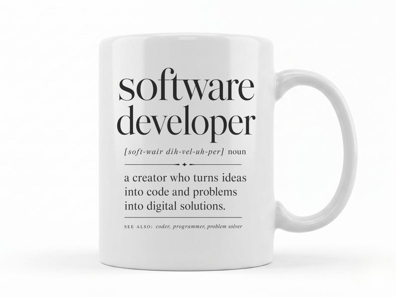Mug with "software developer" definition and related terms.