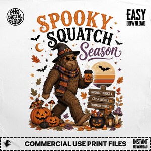 Upiorny sezon Squatch na Halloween w formacie PNG do pobrania w wersji cyfrowej, sublimacja Bigfoot Fall Vibes na koszulki, kubki i artykuły rzemieślnicze