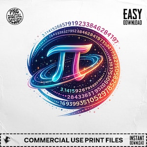 Puede incluir: Un diseño digital vibrante con el símbolo matemático Pi, en colores degradados de azul, rosa y morado. El símbolo Pi está rodeado por un diseño cósmico con números y el texto "PNG DIGITAL DESIGN". Archivos de impresión para uso comercial.