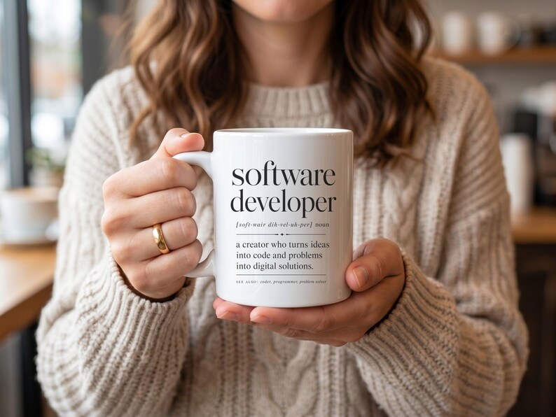 White mug with "Software developer" definition, held by a person.
