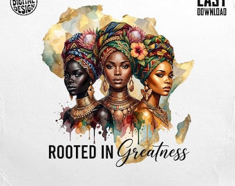 Mujeres africanas digitales PNG, diseño con raíces en la grandeza, arte de mapa africano en acuarela, sublimación de orgullo negro, descarga para uso comercial