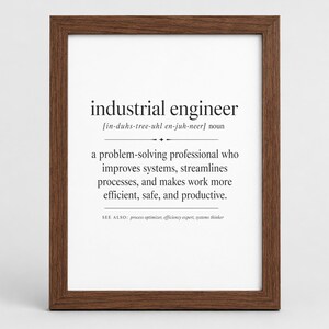 Pode incluir: Uma impressão artística emoldurada apresentando a definição de dicionário de industrial engineer. O texto diz: industrial engineer, a problem-solving professional who improves systems, streamlines processes, and makes work more efficient, safe, and productive. A moldura é de madeira castanha escura.