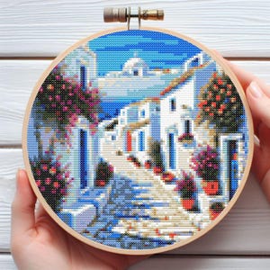 Santorini  Greece Cross Stitch Pattern - Downloadable Digital Printed PDF Design