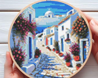 Santorini  Greece Cross Stitch Pattern - Downloadable Digital Printed PDF Design