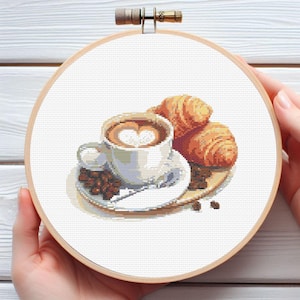Coffee and Croissant Cross Stitch Pattern - Downloadable Digital Printed PDF Design