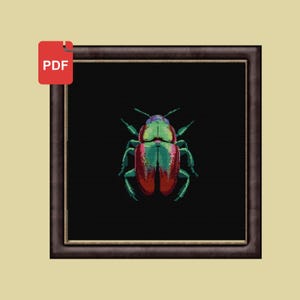 May include: A cross-stitch pattern featuring a colorful beetle with red, green, and blue accents on a black background. The pattern is framed in a dark brown frame.