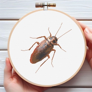 May include: A cross-stitch embroidery of a cockroach, featuring shades of brown, tan, and gray. The insect is centered on a white fabric stretched within a wooden embroidery hoop. The hoop is held by a person.