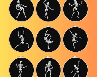 Pacote de padrões de ponto cruz de esqueletos dançantes (9 conjuntos) - Arte gótica minimalista em 2 cores - 140x140 pontos em PDF