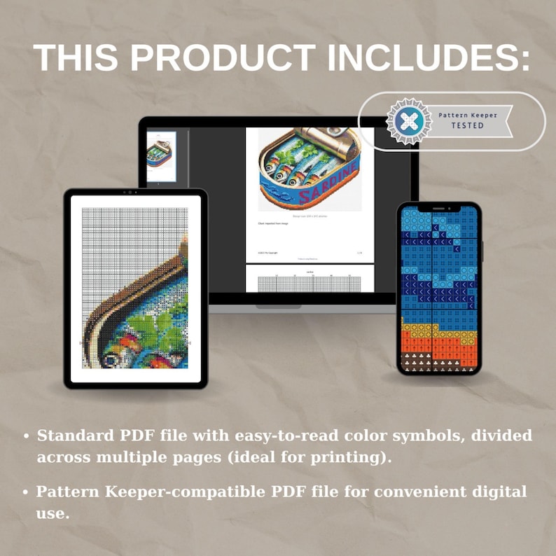 May include: A digital cross stitch pattern of a can of sardines. The pattern is shown on a computer screen, a tablet, and a smartphone. The pattern includes easy-to-read color symbols and is compatible with Pattern Keeper.