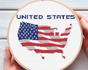USA Map Flag Cross Stitch Pattern | Patriotic Minimalist PDF | 4 Color Home Decor