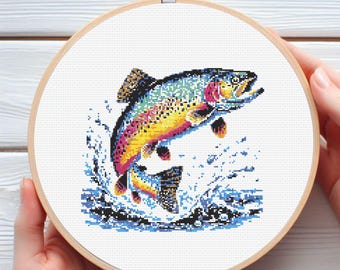 Rainbow Trout Cross Stitch Pattern - Colorful Fish Embroidery PDF - Instant Download for Beginners & Experts