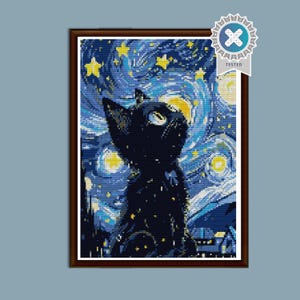 Korsstygnsmönster med katt i Van Gogh-stil - konstnärlig design i 14 färger - Digital PDF